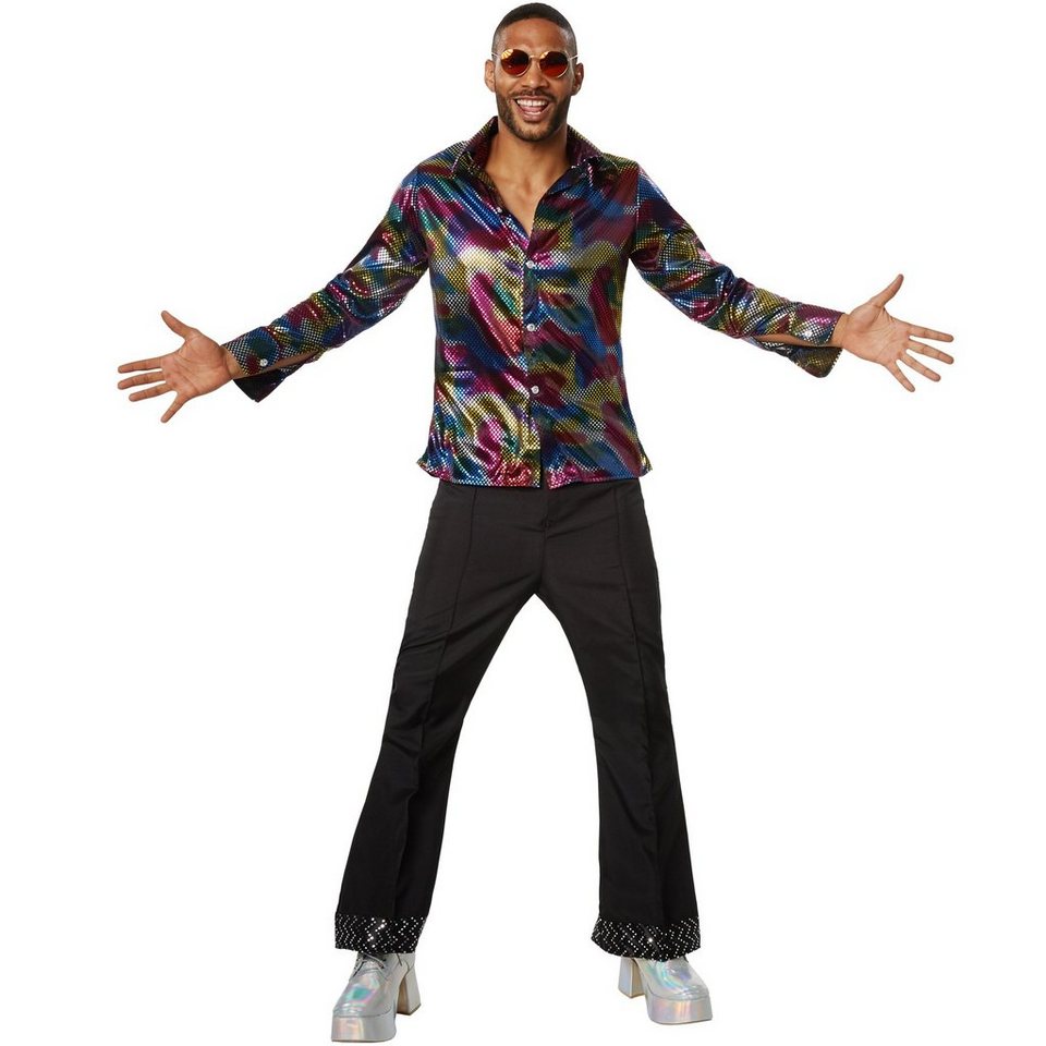 dressforfun Hippie-Kostüm Tänzer/Sänger, in bunt, Gr. L, Langarmhemd aus buntem Glanzstoff, Zweiteiliges Kostüm im Disco-Outfit, Luftig und leicht zu tragen Bild 4