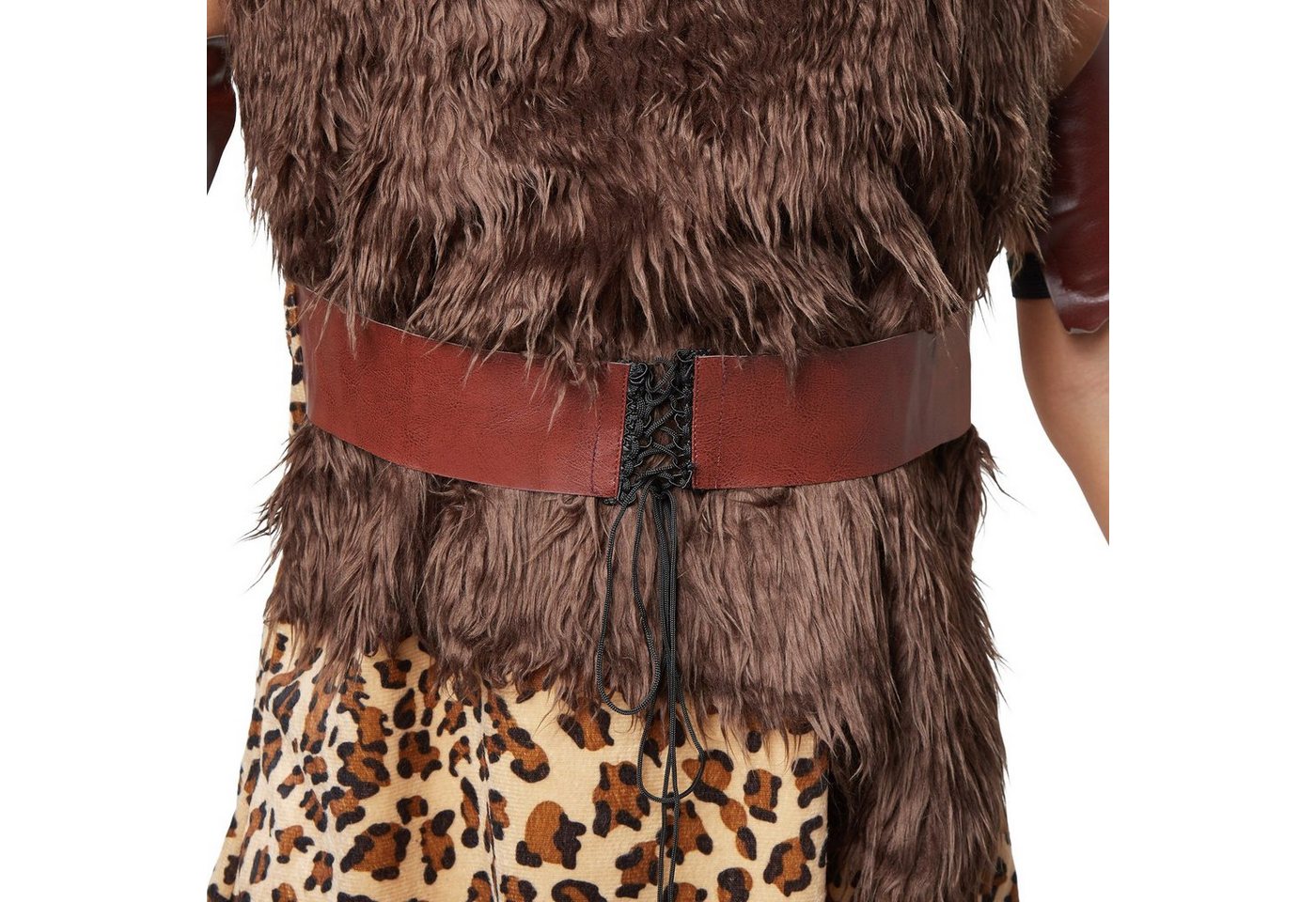dressforfun Kostüm Höhlenfrau, auch Urzeitjägerin, Angedeuteter Gürtel mit Schnürung, in braun, Konfektionsgröße L, Ärmelloses Kleid mit Leopardenmuster