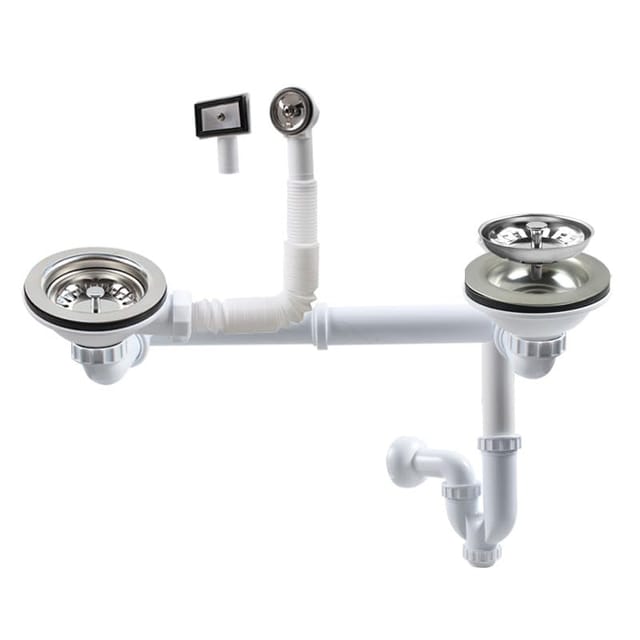 Doppelablaufgarnitur mit Überlauf, Ø 114 mm, weiß, Komplettset für Küchenspüle, passend für Spülen mit 83–90 mm Öffnung Z7008C029 (Wanddurchführung)