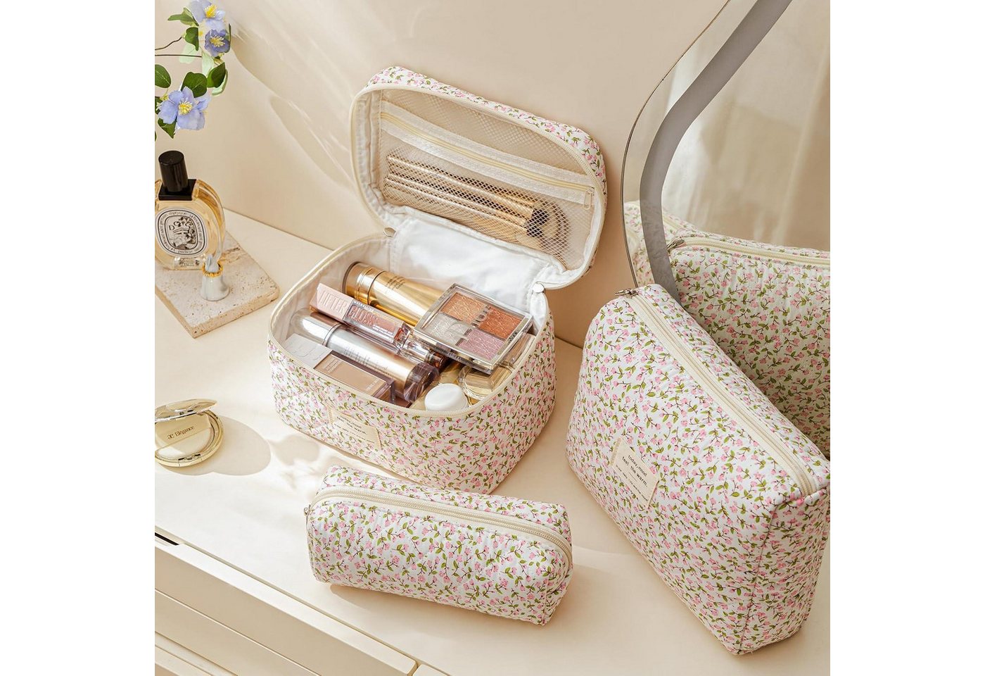 LuxusKollektion Kosmetiktasche Kosmetiktasche Set 3er Damen Blumen Makeup Reise M4 Bild 4