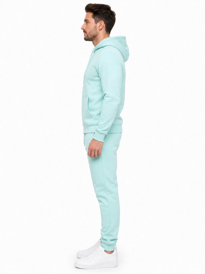 L.gonline Freizeitanzug Herren Jogginganzug einfarbig 100% BW 586 Mint Grün M (Kapuzenjacke mit Reißverschluss, Hose, 2-tlg), Fitness Freizeit Casual