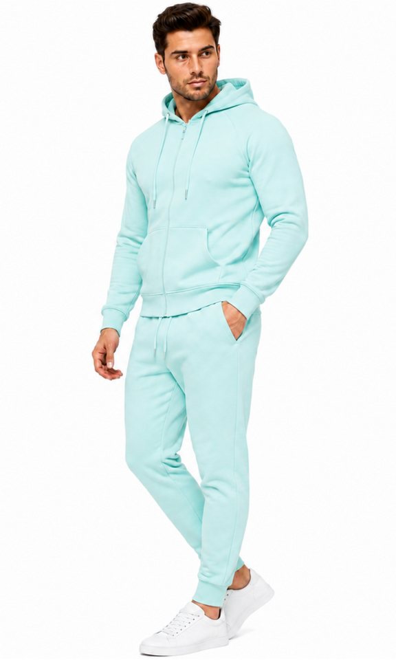 L.gonline Freizeitanzug Herren Jogginganzug einfarbig 100% BW 586 Mint Grün M (Kapuzenjacke mit Reißverschluss, Hose, 2-tlg), Fitness Freizeit Casual Bild 4