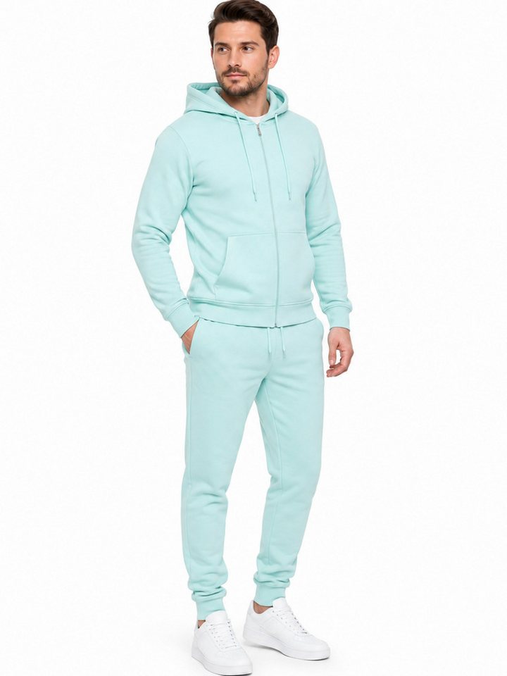 L.gonline Freizeitanzug Herren Jogginganzug einfarbig 100% BW 586 Mint Grün M (Kapuzenjacke mit Reißverschluss, Hose, 2-tlg), Fitness Freizeit Casual Bild 5