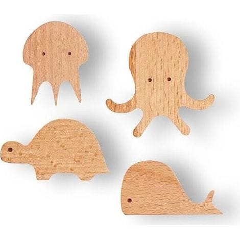 Wandhaken Aus Naturholz Mit Motiven Von Wassertieren. 4er-set. Montage Mit Dübeln Oder Rückstandsfrei Haftenden Klebestreifen.
