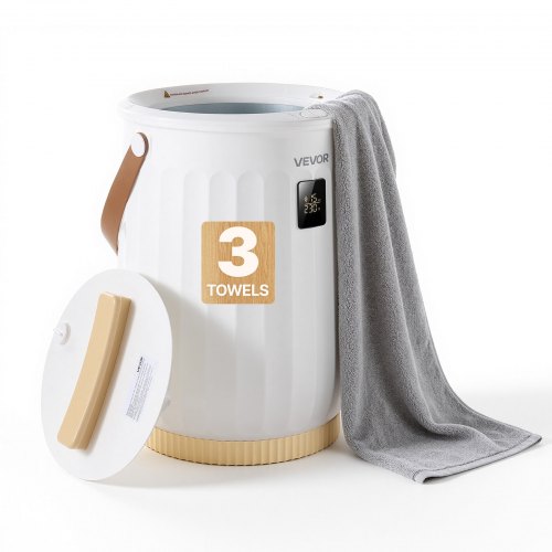 VEVOR Handtuchwärmer Eimer 20 L Heißtuchdampfer Wärmegerät Handtuchheizung, für Handtücher Decken Bademäntel, 4-fach einstellbarer Timer, Holzgriff, Automatische Abschaltung, Eingebaute Aromabox, Weiß