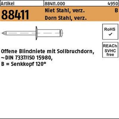 Blindniete r 88411 Senkkopf 5 x 20 Niet Stahl verzinkt/Dorn Stahl verzinkt