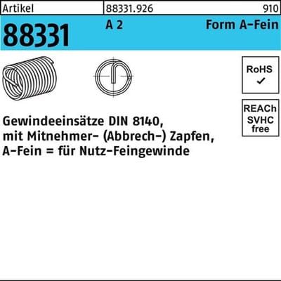 Gewindeeinsatz r 88331 FormA-Fein M12x1,25x12 a 2 15 Stück Amecoil 15 Stk
