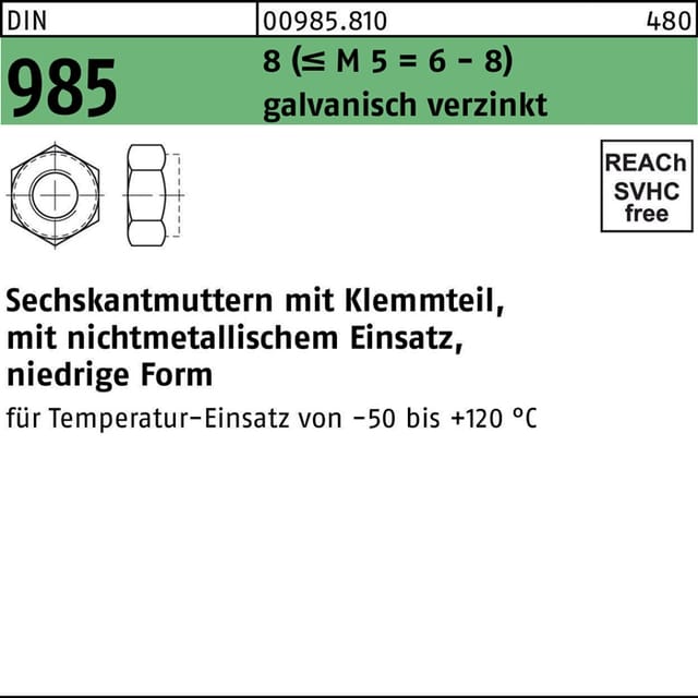 Selbstsichernde Sechskantmutter DIN 985 M 8 x 1,25 Stahl galvanisch verzinkt 500 Stk