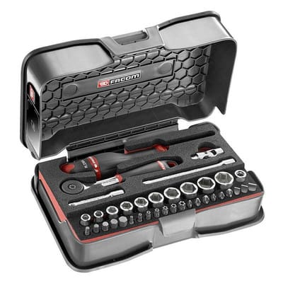 Schachtel mit 37 metrischen 1/4 6-Punkt-Steckdosen + Bits + Facom Schaumstoffschale - R.161-6M6PB