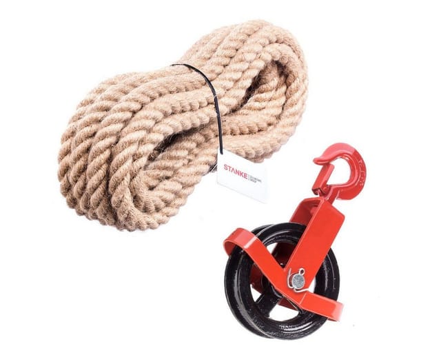 Seilwerk Stanke - 150mm Umlenkrolle mit Haken + Juteseil 6mm 10 Meter Seilwinde Seilzug Seilrolle Windenrolle Flaschenzug Baurolle Bau Aufzug set