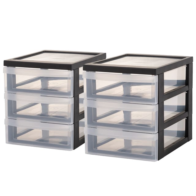 Iris Ohyama - Schreibtisch-Schubladen-Set, 3 flache Schubladen, 2er-Pack, Schwarz, Leicht zu öffnende Schubladen, A5, Transparent, für Home Office,