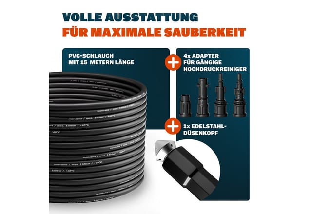 DEUBA® Rohrreinigungsschlauch 15m 160 Bar 4 Adapter Hochdruckreiniger Kärcher K2 K3 K4 K5 K6 K7 Rohrreinigungsset Abflussreiniger Rohrreiniger