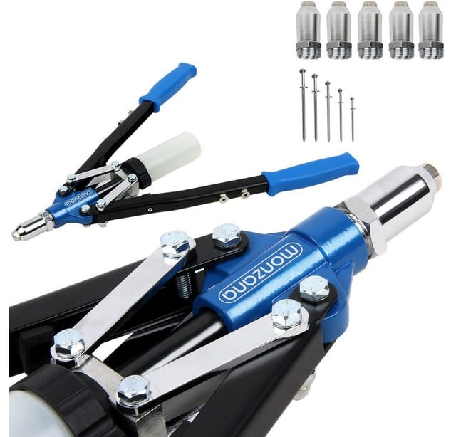Monzana® Nietenzange Set 5 Mundstücke 75 Nieten 3,2-6,4 mm Auffangbehälter Blindnietzange Popnietenzange Nietmutternzange Hohlnieten Zange kfz