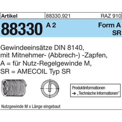 Gewindeeinsatz r 88330 FormA M10x 15 a 2 25 Stück Amecoil 25 Stk