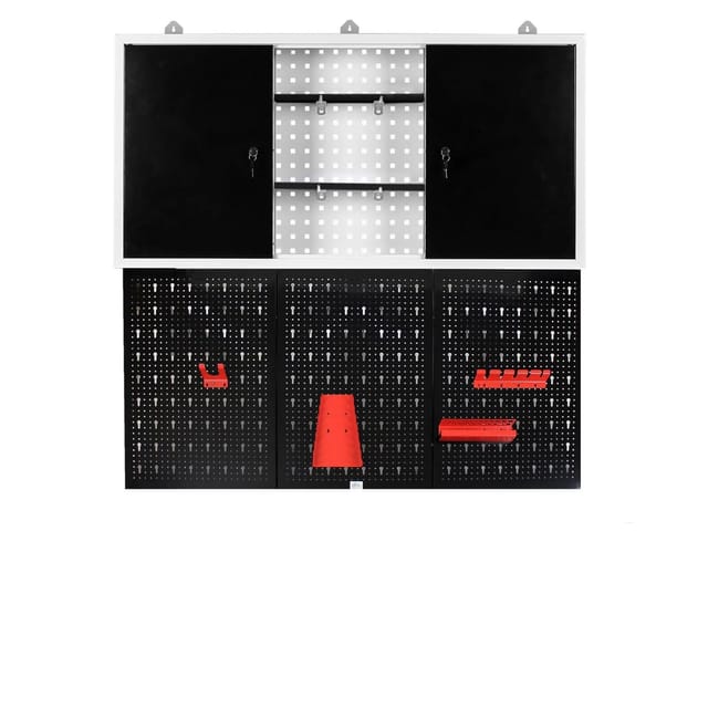 Werkzeugwand und Werkzeugschrank Set, 3x Lochwand plus 1x Hängeschrank, Werkzeughalter Wand aus Stahl, Lochplatten und Werkstattschrank - Xpotool