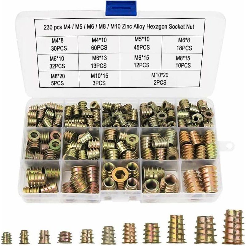 Sechskantmuttern M4, M5, M6, M8, M10 Mit Gewindeeinsätzen, Sechskantmuttern Mit Gewindeeinsatz Aus Zinklegierung (230 Stück)