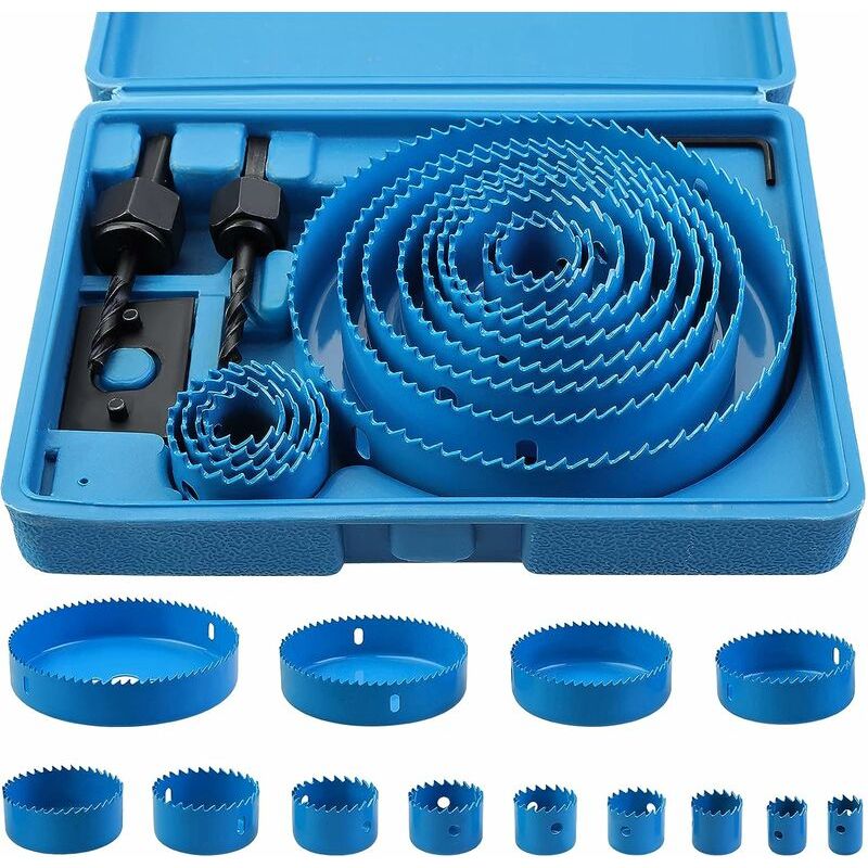 Lochsäge Und Kernbohrer, 13-teiliges Set Mit 19–127 Mm Bimetall-lochsägen Aus Kohlenstoffstahl Im Koffer Für Holz, Gipskarton Und Trockenbauplatten – Blau