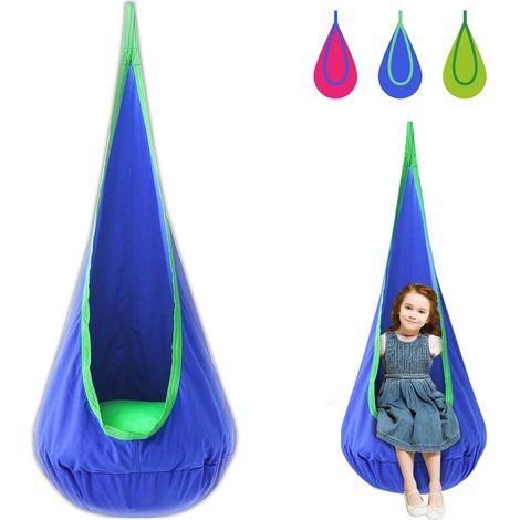 1 Kinder-hängesessel, Hängematte Aus 100 % Baumwolle, Pvc-luftkissen, Für Drinnen Und Draußen, Blau