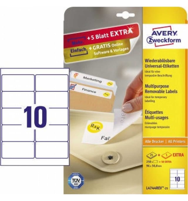 Avery Zweckform - Universaletikett 96 x 50,8 mm (b x h) wieder ablösbar Papier weiß 300 Etik./Pack.