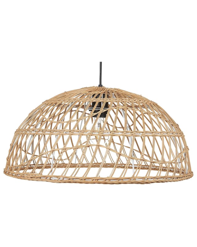 Hängeleuchte Natürlich Beige Rattan Geflochten mit Rundem Schirm Langem Kabel Boho Stil für Esstisch Wohnzimmer Flur Wohnküche