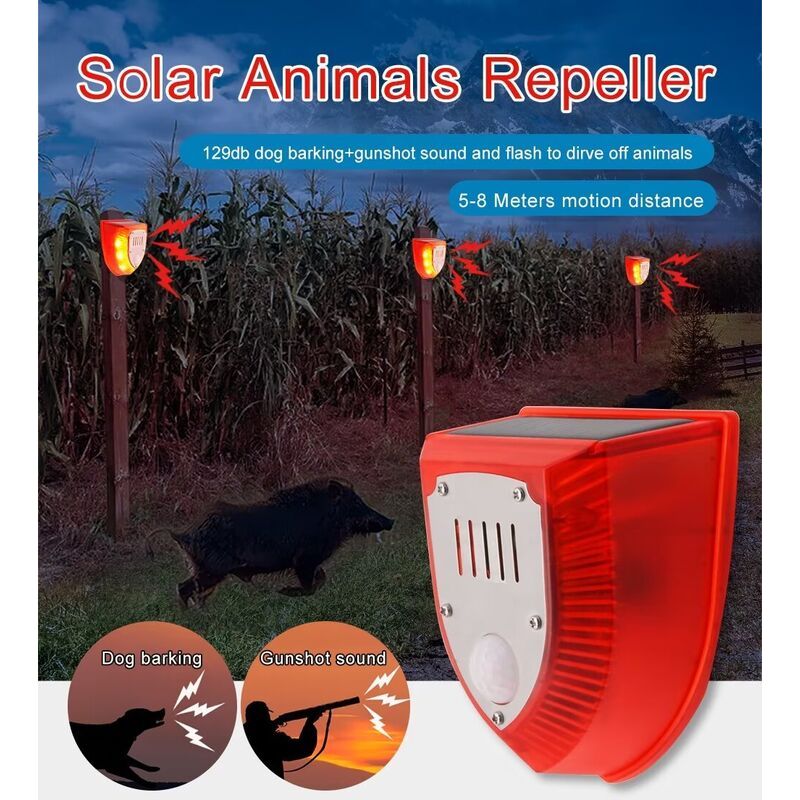 Solarbetriebenes, Wasserdichtes 129db-attrappen-alarmsystem Mit Blinklicht, Schussgeräuschen Und Hundegebell-soundeffekten (rot)