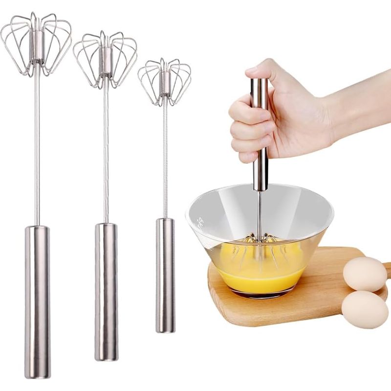 Halbautomatischer Schneebesen Aus Edelstahl, Schneebesen Aus Edelstahl, Halbautomatischer Schneebesen Aus Edelstahl, Rührgerät Mit Drehschieber Zum Schlagen, Rühren Und Mischen (3er-set)