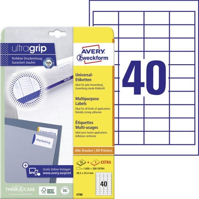 Avery Zweckform - Universaletikett ultragrip 48,5 x 25,4 mm (b x h) nicht wieder ablösbar Papier weiß 1.200 Etik./Pack.