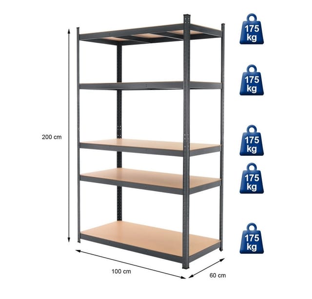 ECD Germany 2er Set Werkstattregal Schwerlastregal 200x100x60 cm Anthrazit, pulverbeschichter Metall, 5 MDF Holz Böden, belastbar bis 875 kg,