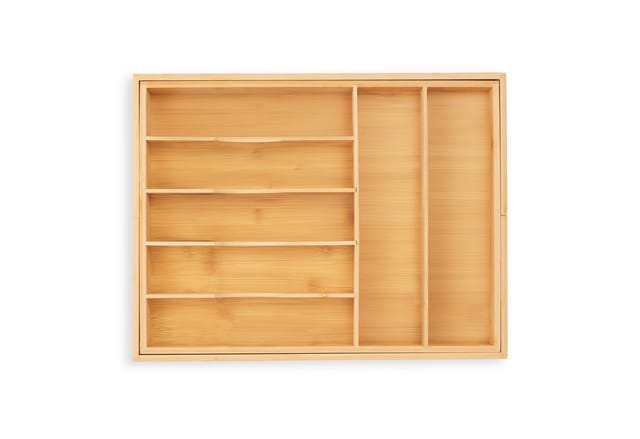 Besteckkasten für Schubladen, ausziehbar, 7-9 Fächer, hbt: 5 x 34-50,5 x 44,5 cm, Besteckeinsatz Bambus, natur - Relaxdays
