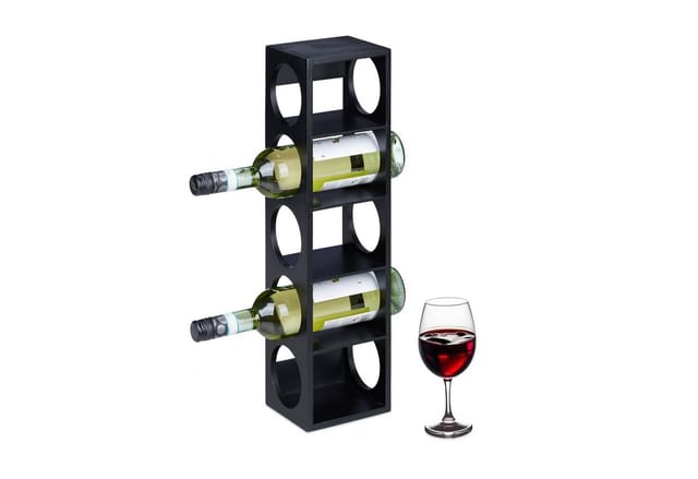 Relaxdays - Weinregal für 5 Flaschen, Weinständer Bambus, HxBxT: 53 x 14 x 12 cm, stehender Weinflaschenhalter, schwarz