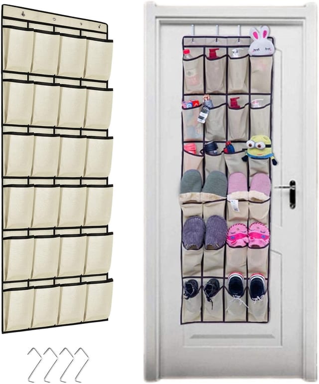 Beigefarbener Schuh-organizer Zum Aufhängen, 24 Taschen, Platzsparende Schuhaufbewahrung Über Der Tür, Schuhschrank Mit 4 Haken