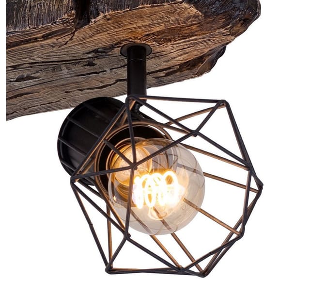 Deckenlampe Wohnzimmer Holzoptik Deckenstrahler 2 flammig Retro Geflecht Spots verstellbar, Metall Kunststoff, 2x E27 Fassung, LxBxH 38,5x12x23 cm