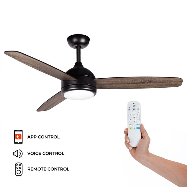 Kekai - Siroco Deckenventilator dc 132x40cm 55W Schwarz mit Holzflügeln, dimmbarem Licht, Timer und Smart Application