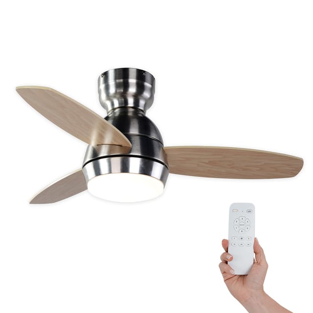 Kekai - Mistral Deckenventilator dc 92x34 cm 55W Silber mit Holzflügeln, dimmbarem Licht, Timer und Fernbedienung