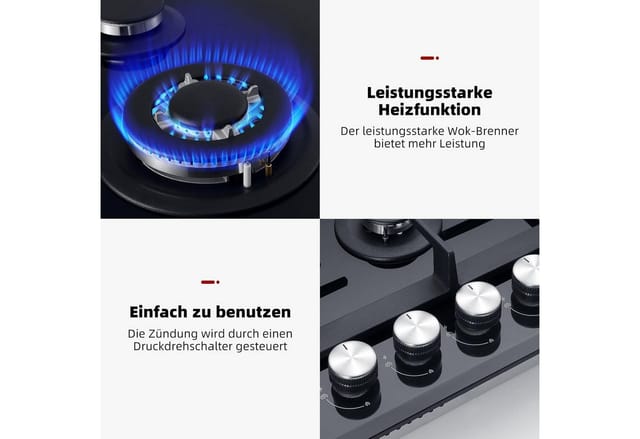 GASLAND Eingebaute Erdgas/Butan/Propan-Kochplatte, gehärtetes Glas - GH604BF - 4 Kochstellen - 8000W