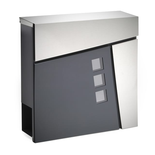 Wiltec - Designer Briefkasten V24 Anthrazit und Edelstahl 370 x 105 x 370 mm, Wandbriefkasten mit Schloss, Sichtfenstern und Zeitungsrolle,