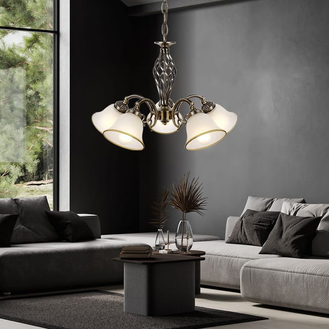 Hängeleuchte Hängelampe Kronleuchter Glasleuchte Esszimmer Lampe Altmessing, Metall Glas, 5 flammig, 5x E27 Fassungen, DxH 60x120 cm