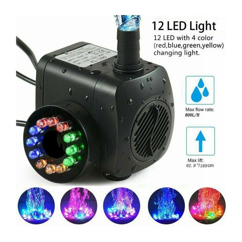 Springbrunnenpumpe, 15 W, 800 L/h, 12-farbige Led-beleuchtung, Kunststoff/harz, Für Teiche Und Gärten Im Freien
