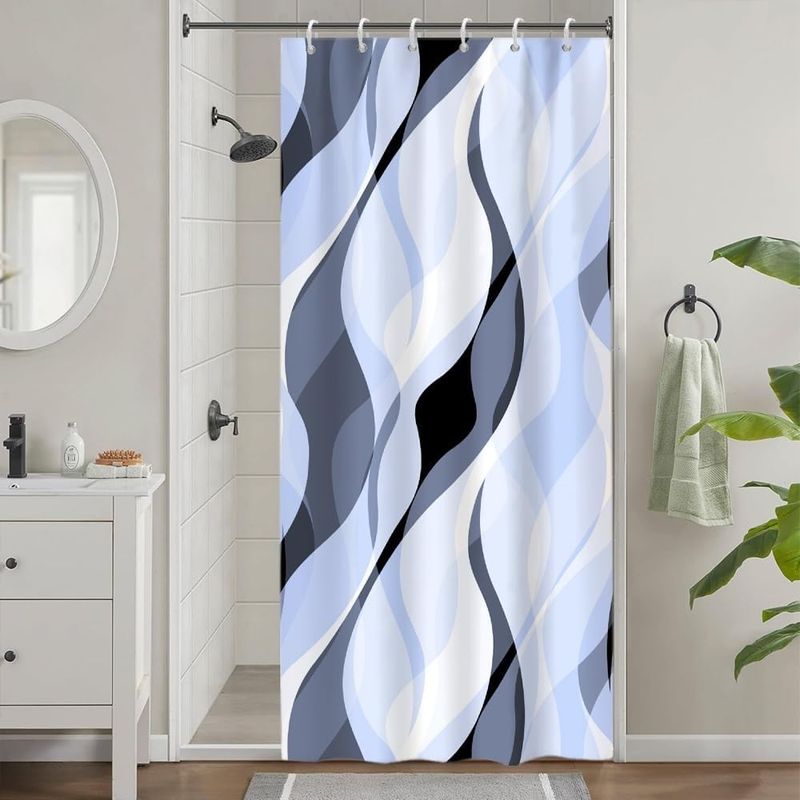 Duschvorhang, 90 X 180 Cm, Wasserdichtes Polyester, Schimmelresistent, Blau-grau Gestreift, Badezimmer Mit 6 Haken