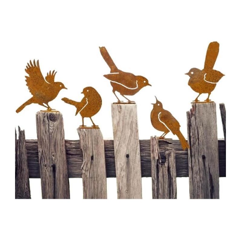 5-teiliges Set Aus Metall-vogelfiguren Mit Rostpatina, Wetterfeste Außendekoration, Ideal Für Gärten, Terrassen Oder Balkone.