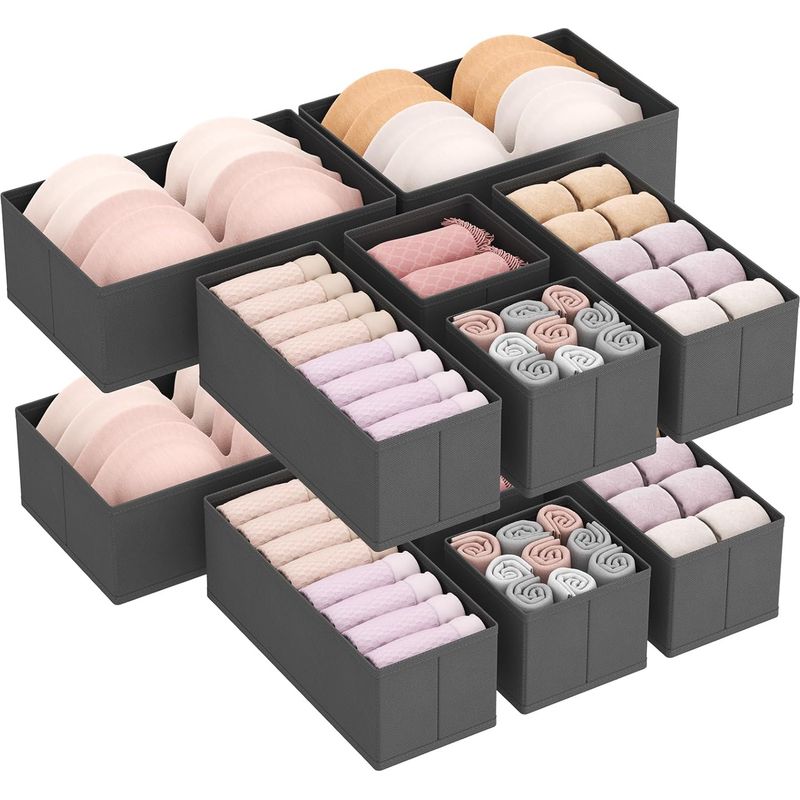 Set Mit 12 Schubladenorganisatoren, Faltbaren Aufbewahrungsboxen, Stofftrennern, Kleiderschrankkörben Für Socken, Grau