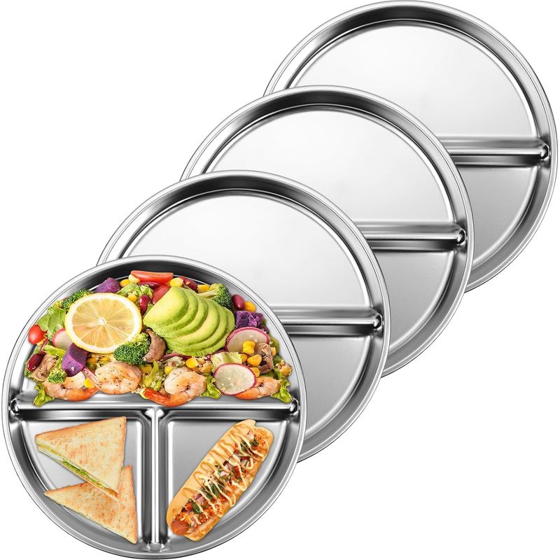 4-teiliges Teller-set, Edelstahl, 22,9 Cm, 3 Fächer, Portionskontrolle, Für Erwachsene Und Kinder, Camping