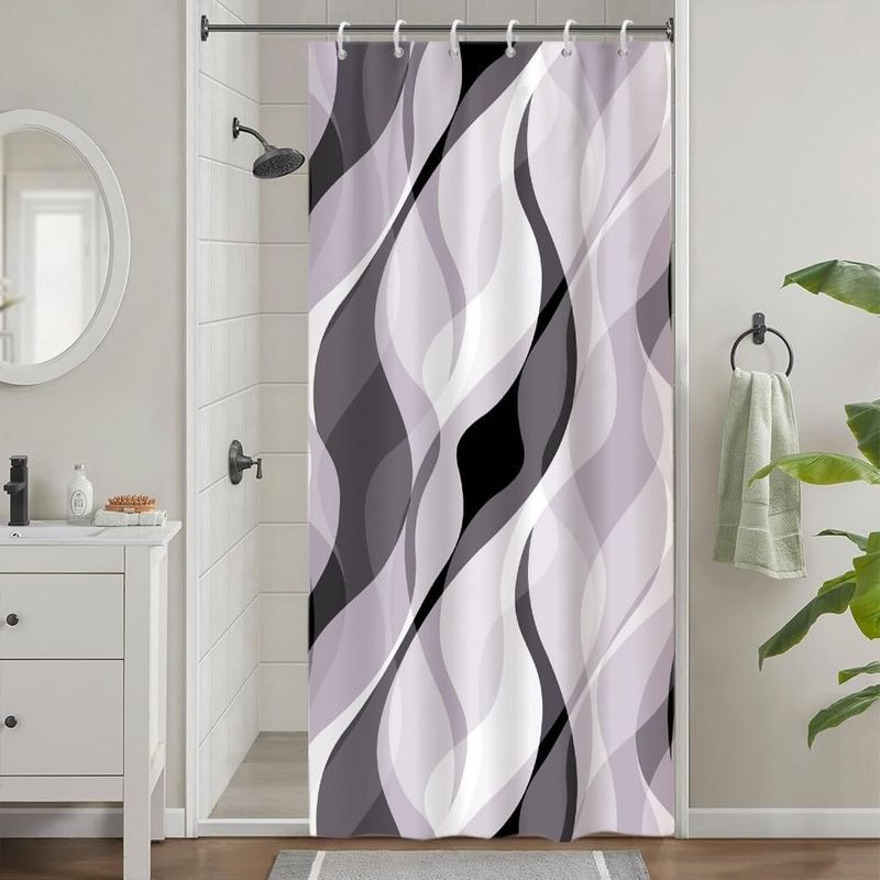 1 Duschvorhang, 90 X 180 Cm, Wasserdichtes Polyester, Schimmelresistent, Grau Gestreift, Mit 6 Haken, Für Badezimmer