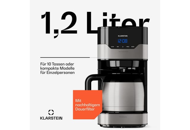 Klarstein 1,2 L Kaffeemaschine mit Thermoskanne und Timer, Kaffeemaschine Filtermaschine für 12 Tassen, 800 W Filter Kaffeemaschine Groß,