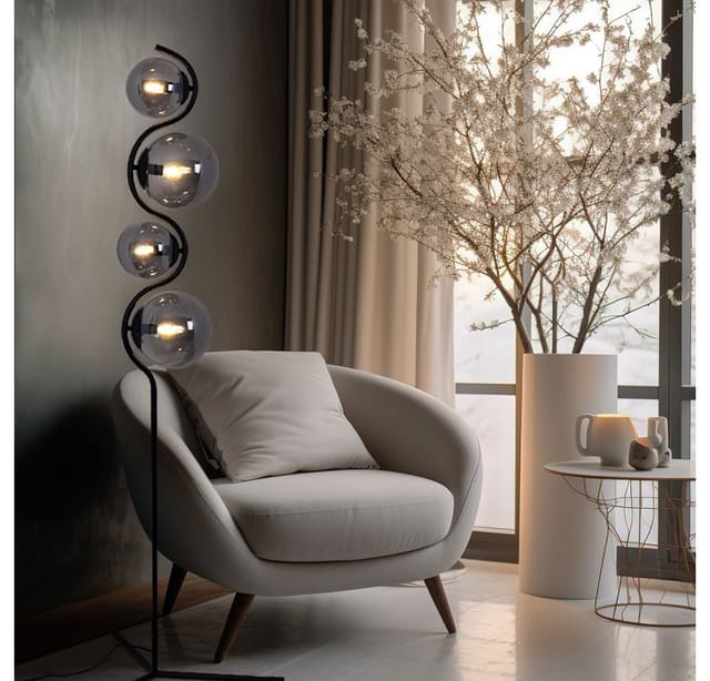 Stehlampe Standleuchte Wohnzimmer Rauchglas 4 flammig Schlafzimmerlampe, Metall schwarz, 4x E14, DxH 66 x 160 cm