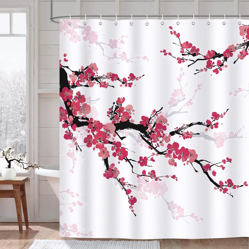 Duschvorhang, Kirschblütenmuster, Polyester, Wasserdicht, Schimmelresistent, Waschbar, 180 X 180 Cm, 12 Haken, Badezimmer