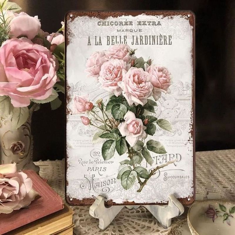 Rosafarbenes Metallwandpaneel Im Shabby-chic-retro-stil Mit Floraler Dekoration, 20 X 30 Cm, Für Den Innen- Und Außenbereich