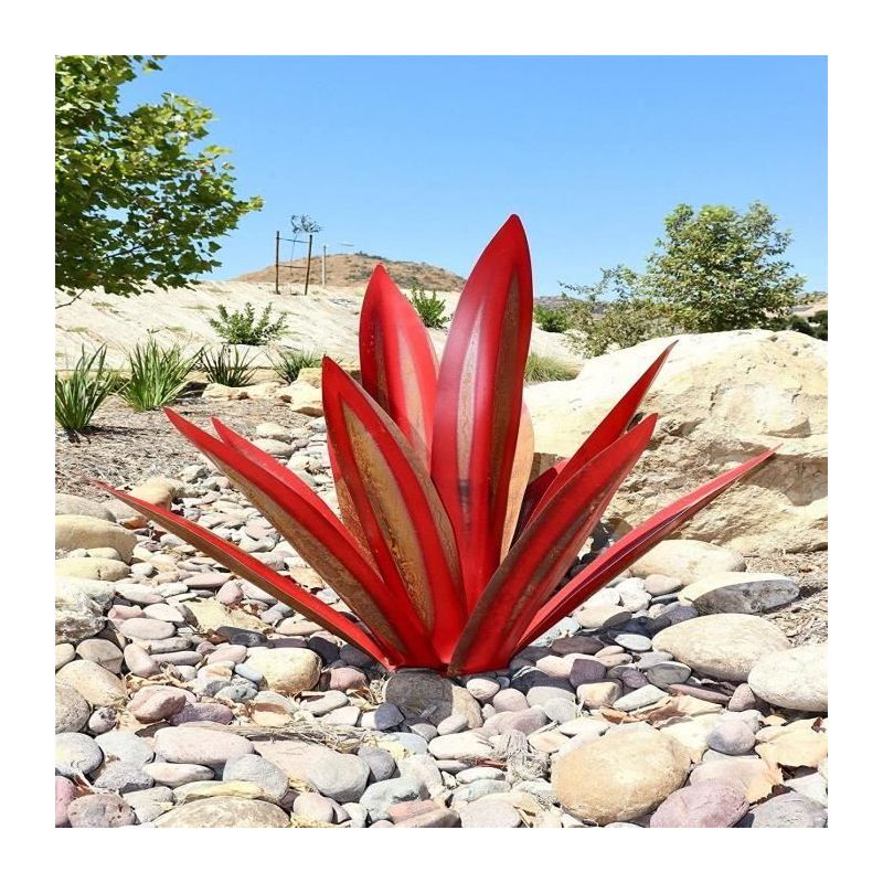1 Rustikale Gartenfigur Aus Metall Mit Dekorativen Agavenblättern, 35 Cm, Rot, Für Den Außenbereich Und Die Terrasse