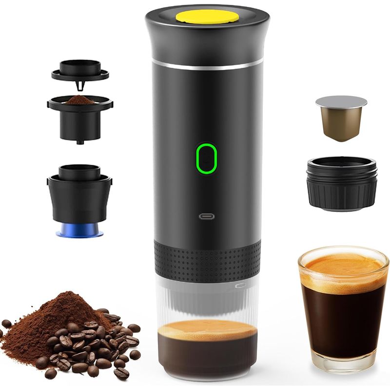 1 Tragbare 3-in-1-kaffeemaschine Für Kapseln Und Gemahlenen Kaffee, 15 Bar Druckfestigkeit, Wiederaufladbarer Akku, Für Auto, Zuhause Und Reisen