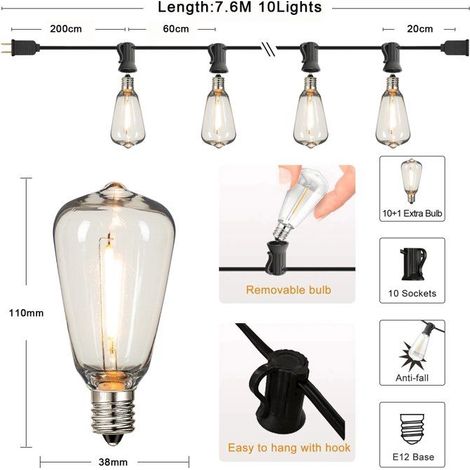 10 St38 Led-lichterketten, 7,6 M, Ip44 Wasserdicht, Tropfenförmige Glühbirnen, Für Die Dekoration Von Garten, Terrasse Und Balkon